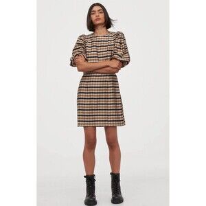 H&M Women’s Fall Ballon Sleeve Mini Check Brown Black Dress-L